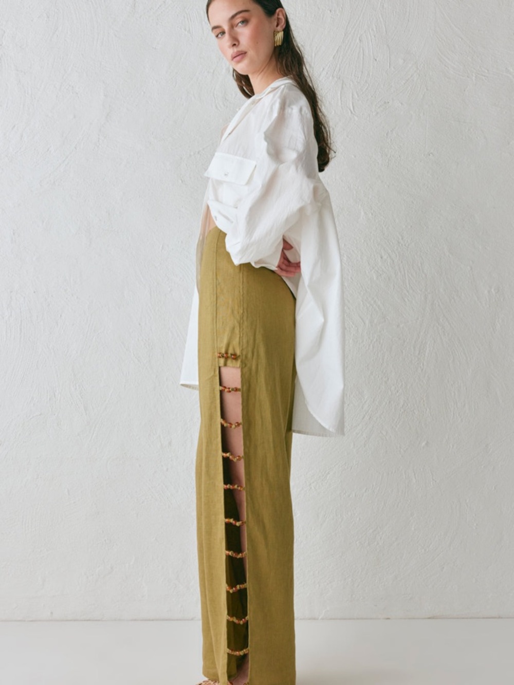 Olive Side-Slit Linen Pants